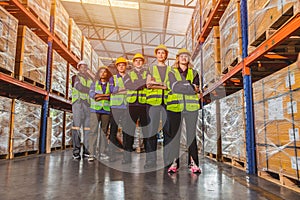 group of people worker warehouse staff team standing together for inventory products shipping store teamwork