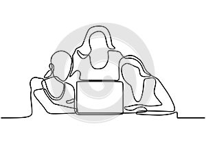 Group of people working continuous one line vector drawing. Students preparing to exams, vector illustration minimalism design