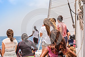 A group of people on a yacht, Saona island, Dominican Republic. Copy space for text.