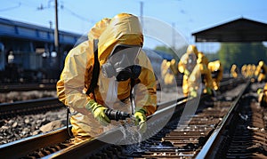 Group of People in Yellow Suits and Gas Masks