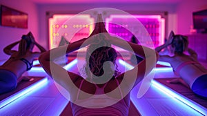 A group of people in a yoga studio incorporating infrared heat therapy into their practice to manage their skin photo