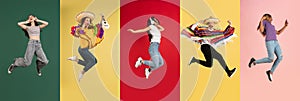 Group of people, young women and man jumping isolated over multicolored background.