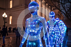 Group of Performers Wearing Blue LED Lights Outfit Walking in Evening City Environment