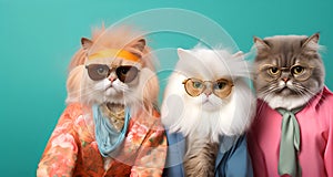 Group of Persian cat kitten in funky Wacky wild mismatch colourful outfits isolated on bright background advertisement