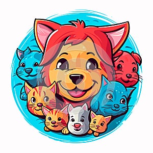 Group of pets, dogs and cats. Pet sitting. Dog Walking Service. Cartoon vector illustration