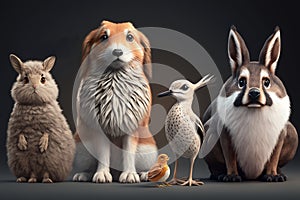 group of pets in front of a black background. 3d rendering generative ai