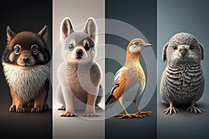 group of pets in front of a black background. 3d rendering generative ai