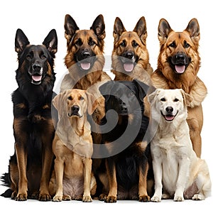 Group of pets sitting in front of white background