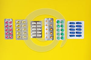 Group of pharmaceutical medication and medicine pills in packs