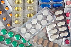 Group of pharmaceutical medication and medicine pills in packs