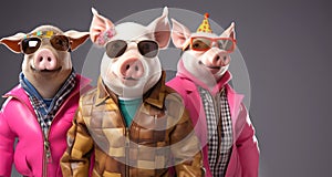 Group of pig piggy piglet in funky Wacky wild mismatch colourful outfits isolated on bright background advertisement