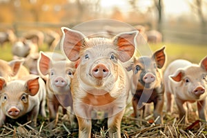 A group of piglets standing on the farm on a sunny day and looking at the camera.