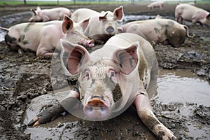 group of pigs lying in a mud bath