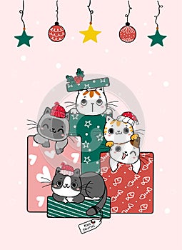 Group of pile Cute playful kitten cat seek and hide in Christmas gift boxes, cartoon hand drawn doodle flat vector