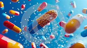 A group of pills flying in the air