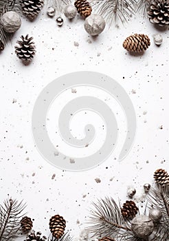 a group of pine cones and pine needles on a white surface