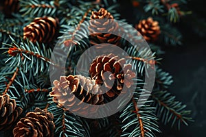 a group of pine cones on a tree branch