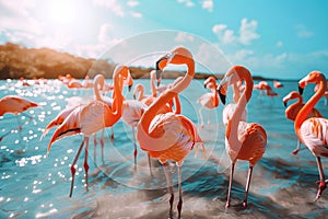Group of pink flamingos walking in the water on a sunny day