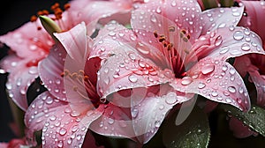 Group of pink flowers covered in sparkling water droplets, showcasing natures delicate beauty and fresh morning dew