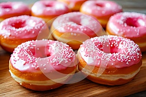 Group of pink frosted donuts on wooden board. Generative AI