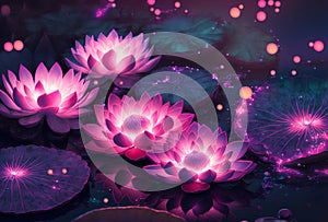 group of pink and light purple lotus flowers floating on a pond (AIgen)