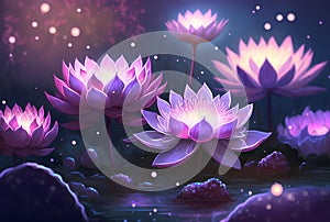 group of pink and light purple lotus flowers floating on a pond (AIgen)