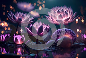 group of pink and light purple lotus flowers floating on a pond (AIgen)