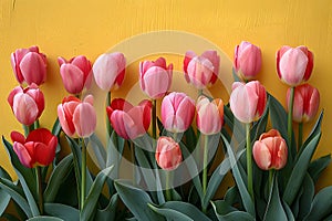 Group of Pink and Red Tulips Against Yellow Wall