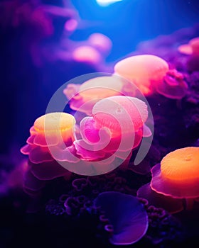 a group of pink and yellow jellyfish