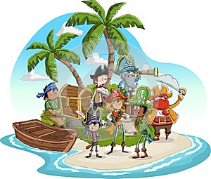 Group of pirates on a beautiful tropical beach