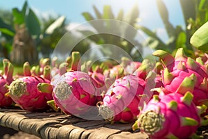 Group of pitaya fruits harvested from an organic farm. Harvesting ripe red cactus fruits in summer. Generative AI