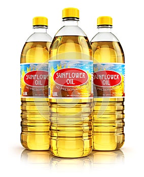 Group of plastic bottles with sunflower seed oil