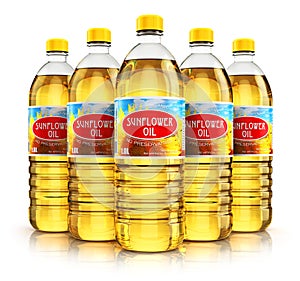 Group of plastic bottles with sunflower seed oil