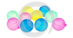 Group of plastic ice cubes on white background