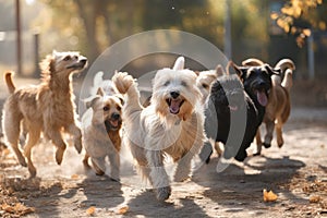 group of playful dogs running around, jumping and playing with each other