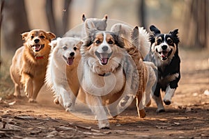 group of playful dogs running around, jumping and playing with each other