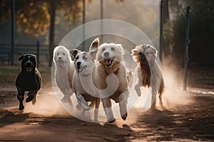 group of playful dogs running around, jumping and playing with each other