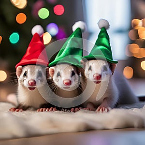 A group of playful ferrets wearing tiny elf hats while exploring a holiday-themed play area4