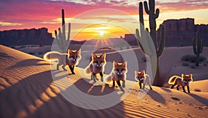 Adorable Fox Kits Playing in Desert Sunset