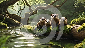 Three Adorable Otters Resting on Mossy Log in Serene River