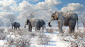 A group of playful pachyderms their long trunks using their sense of smell to find hidden vegetation beneath the snowy