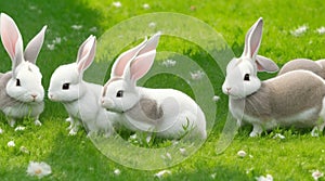 A group of playful rabbits nibbling on fresh grass in a village clearing.
