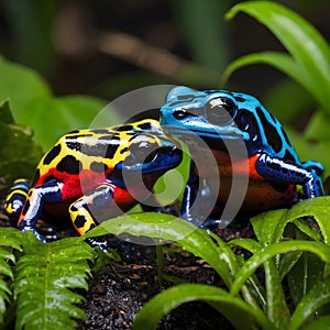 Group of Poison Dart Frogs Resting on the Colorful Jungle Floor photo