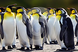 Group of polar emperor penguins on summer day on green background.