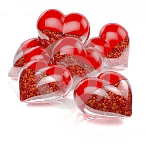 Group, pool of red heart shaped pills, capsules filled with small tiny hearts as medicine