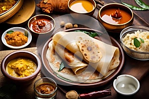 Group of popular Indian food like roti or chapati, dahi vada, naan or dahi vada