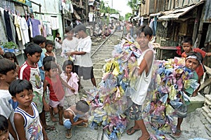 Group portrait Filipino children with colorful garlands