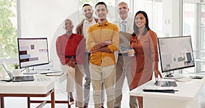 Group, portrait or happy business people in a office with pride, sales revenue goals or growth mindset. Diversity, team