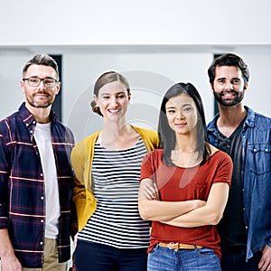 Group, portrait and office for proud, creatives and team for collaboration and small business. Web designers, startup photo