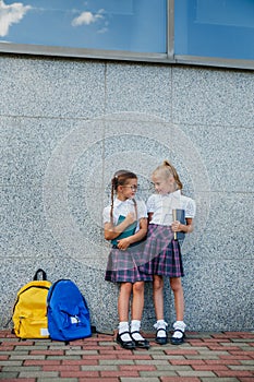 Group portrait of pre-adolescent school kids smiling in front of the school building. Back to schooll